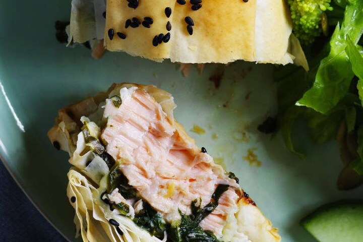 Salmon Spinach Filo Parcels With Salad And Dressing