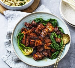 Sweet Soy Pork Belly with Greens and Baked Rice